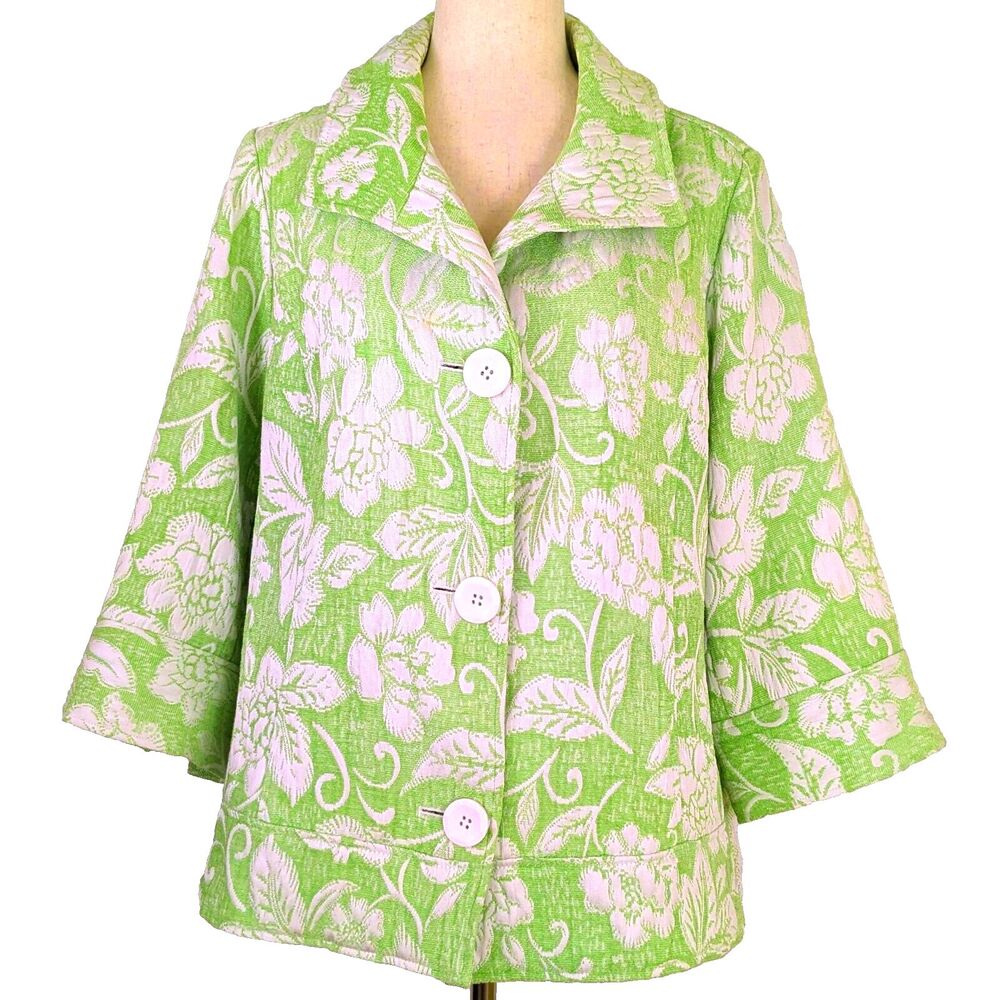 Coldwater Creek Size 18 W Green Floral Jacquard Swing Coat Jacket